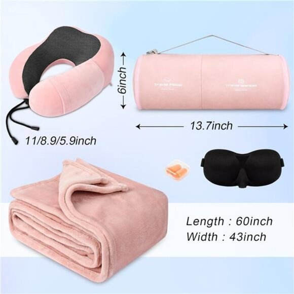 Travel Pillow Blanket Set Memory Foam Neck Support with Eye Mask for Airplane - Picture 3 of 8